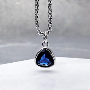 Men&#39;s &quot;SILVER MINI SAPPHIRE&quot; Necklace| Men&#39;s Silver Stainless Steel Mini Sapphire Pendant Necklace| Mens September Birthstone Necklace