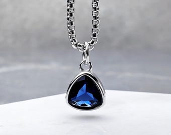 Men&#39;s &quot;SILVER MINI SAPPHIRE&quot; Necklace| Men&#39;s Silver Stainless Steel Mini Sapphire Pendant Necklace| Mens September Birthstone Necklace