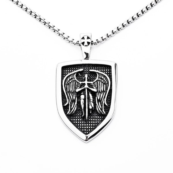 Men's "ARCHANGEL SHIELD" Necklace| Men's Silver Stainless Steel St Michael Archangel Shield Pendant Necklace| Mens Silver Box Chain Necklace