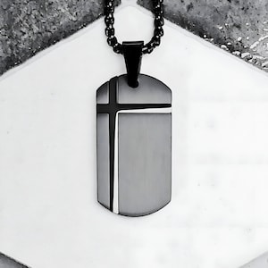 Men's CROSS DOG TAG Necklace | Men's Matte Black Stainless Steel Cross Dog Tag Pendant Box Chain Necklace