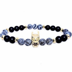 Men&#39;s &quot;DRAGON&#39;S GOLD&quot; Bracelet| Men&#39;s Gold Dragon Bead Bracelet| Men&#39;s Matte Navy Dragon Vein Agate Black Onyx Gemstone Bracelet
