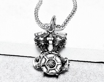 Men's MINI MOTORCYCLE ENGINE Necklace | Men's Silver Stainless Steel Mini Motorcycle Engine Pendant Box Chain Necklace