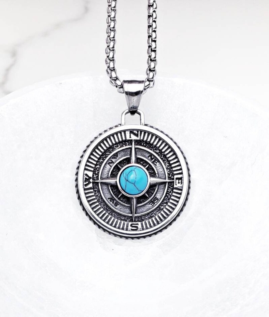 Men's silver TURQUOISE Compass Necklace Men's Silver Stainless Steel