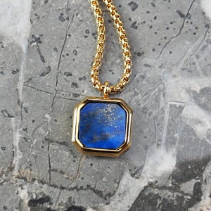 Men&#39;s &quot;GOLD LAPIS SQUARE&quot; Necklace| Men&#39;s Gold Stainless Steel Lapis Lazuli Gemstone Octagon Inlay Square Pendant Necklace| Men&#39;s Gold Chain