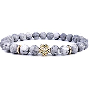 Men&#39;s &quot;GOLD PAVE LION&quot; Bracelet | Men&#39;s Pave Cubic Zirconia Gold Stainless Steel Lion Bracelet | Men&#39;s Matte Gray Map Jasper Bead Bracelet