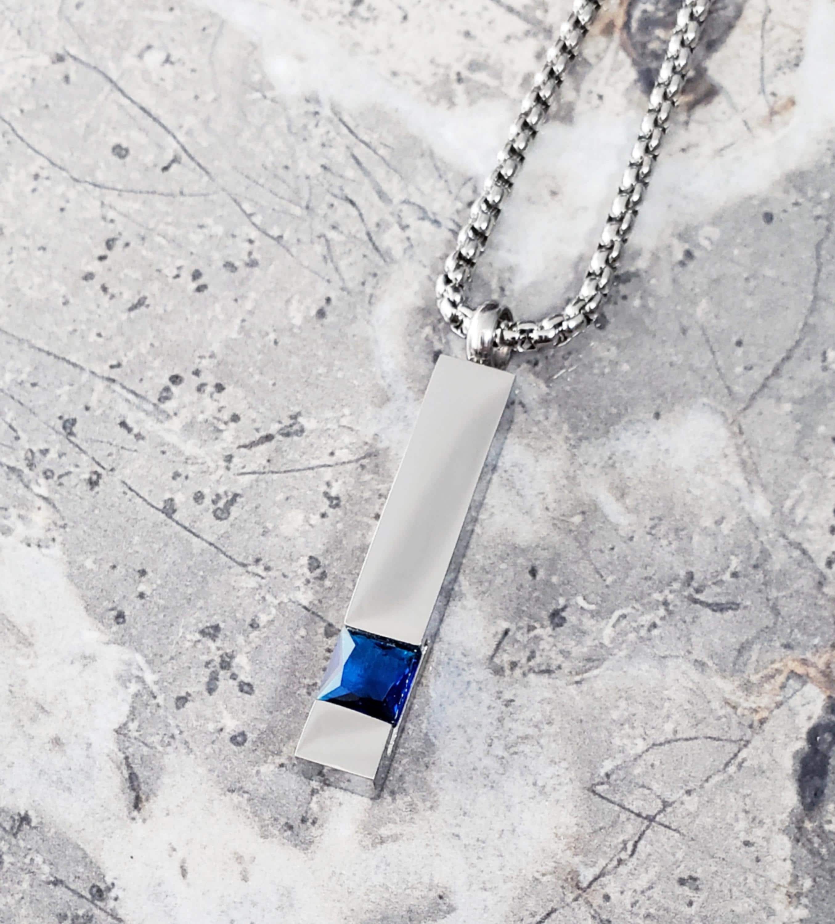 Men's SAPPHIRE BAR TAG Necklace| Men's Black Silver Stainless Steel Sapphire Cubic Zirconia Bar Tag Pendant Necklace| Men's Sapphire Gift