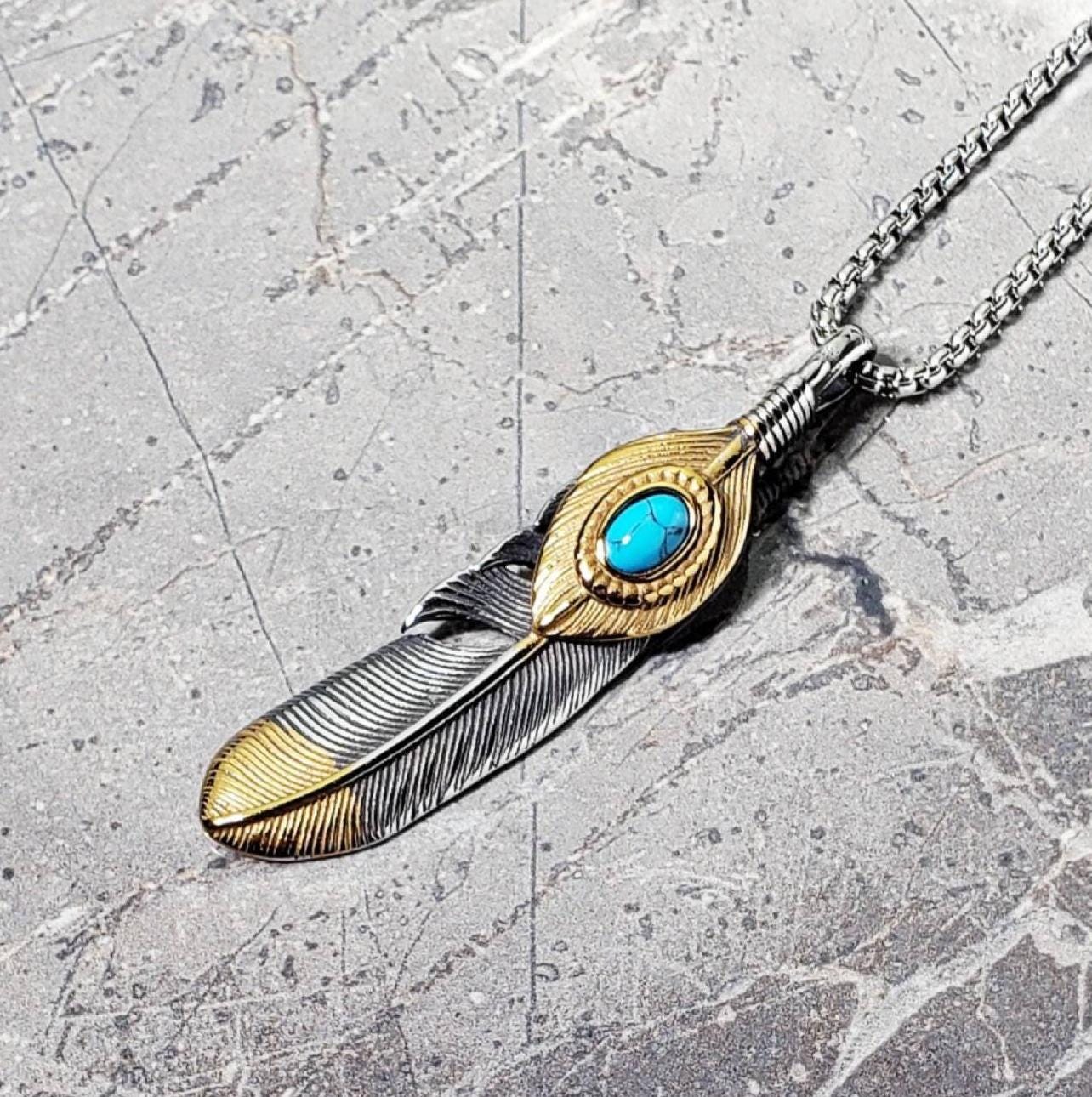 Men s tribal TURQUOISE Feather Necklace Men s Silver Gold Stainless Steel Turquoise Gemstone Tribal Eagle Feather Pendant Necklace Etsy