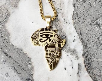 Men's EYE OF AFRICA Necklace | Men's Gold Stainless Steel Eye of Horus Africa Pendant Box Chain Necklace