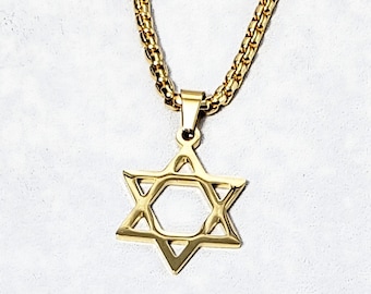 Men&#39;s &quot;GOLD STAR of DAVID&quot; Necklace| Men&#39;s Gold Stainless Steel Star of David Pendant Necklace| Mens Gold Stainless Steel Box Chain Necklace