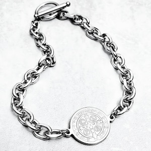 Men&#39;s &quot;SAINT BENEDICT CHAIN&quot; Bracelet| Men&#39;s Silver Stainless Steel Saint Benedict Link Chain Bracelet| Men&#39;s Silver Chain Toggle Bracelet