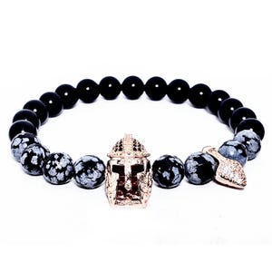 Men&#39;s &quot;LUX GLADIATOR&quot; Bracelet| Men&#39;s Rose Gold Pave Black Cubic Zirconia Gladiator Helmet Snowflake Obsidian Black Onyx Gemstone Bracelet