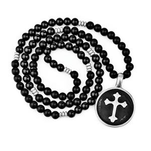 Men&#39;s &quot;CROSS MEDALLION&quot; Necklace| Men&#39;s Silver & Black Cross Medallion Beaded Necklace| Men&#39;s Matte Black Onyx Gemstone Cross Necklace