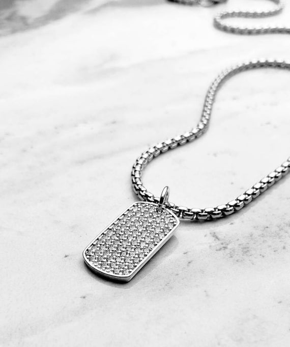 Men's pavÉ DOG Tag Necklace Men's Pavé Cubic Zirconia Silver