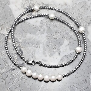 Men&#39;s &quot;SILVER & BAROQUE PEARLS&quot; Necklace| Men&#39;s Freshwater Baroque Pearls Silver Hematite Gemstones Beaded Necklace| Men&#39;s Pearl Necklace