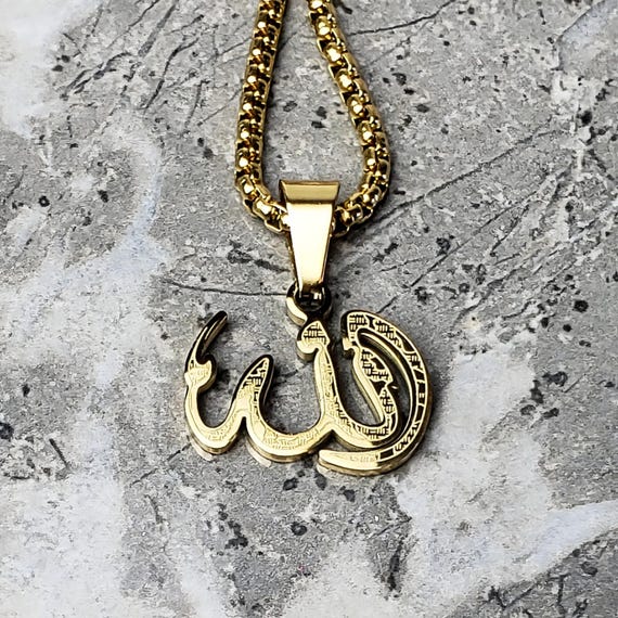 Men s gold Allah Necklace Men s Gold Stainless Steel Muslim Allah Symbol Pendant Necklace Mens Stainless Steel Box Chain Necklace Etsy