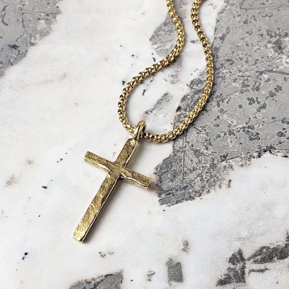 Men's RUSTIC GOLD CROSS Necklace | Men's Gold Stainless Steel Rustic Cross Pendant Box Chain Necklace