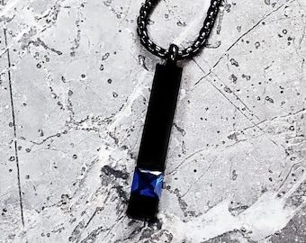 Men's BLACK SAPPHIRE BAR Necklace | Men's Sapphire Cubic Zirconia Gemstone Black Stainless Steel Bar Tag Pendant Box Chain Necklace