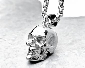 Collar de calavera rústica de plata para hombre / Collar de cadena con colgante de calavera rústica de acero inoxidable y plata para hombre