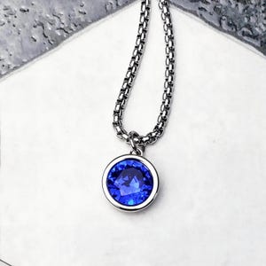 Men&#39;s &quot;SILVER SAPPHIRE COIN&quot; Necklace| Men&#39;s Silver Stainless Steel Sapphire Coin Pendant Necklace| Mens September Birthstone Necklace
