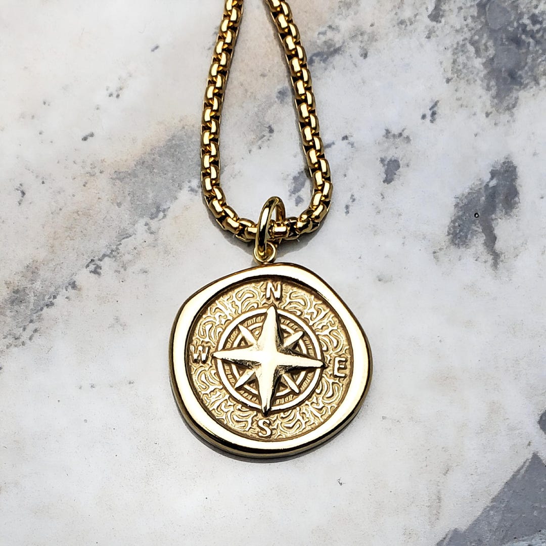 Men's GOLD RUSTIC COMPASS Necklace | Men's Gold Stainless Steel Rustic ...