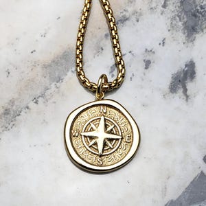 Men&#39;s &quot;GOLD RUSTIC COMPASS&quot; Necklace| Men&#39;s Gold Stainless Steel Rustic Compass Pendant Necklace| Men&#39;s Gold Stainless Steel Chain Necklace