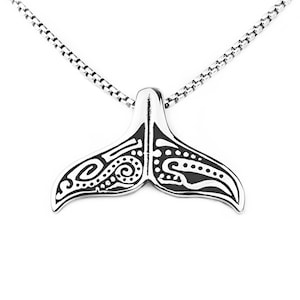 Men&#39;s &quot;MAORI WERA&quot; Necklace| Men&#39;s Silver Stainless Steel Maori &quot;Wera&quot; Whale Tail Pendant Necklace| Men&#39;s Stainless Steel Box Chain Necklace