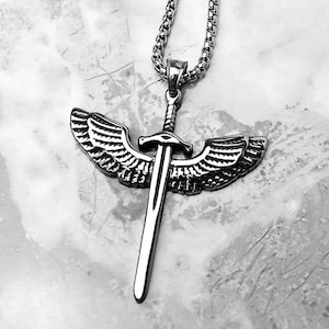 Men&#39;s &quot;ARCHANGEL DIVINE SWORD&quot; Necklace| Men&#39;s Silver Stainless Steel Saint Michael Archangel Divine Sword Pendant Necklace