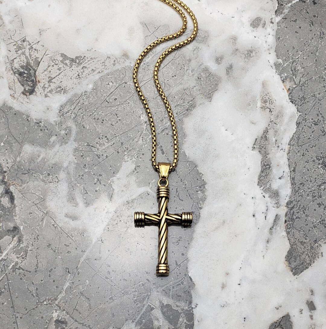 Men's gold TWISTED Cross Necklace Men's Gold Stainless Steel Twisted