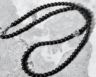 Men&#39;s &quot;SKULL & ONYX&quot; Necklace| Men&#39;s Silver Skull Beaded Necklace| Men&#39;s Matte Black Onyx Gemstone Silver Skull Beaded Necklace