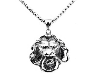 Collana con ciondolo a forma di testa di Re Leone, in acciaio inox nero, con fibbia a forma di testa di animale, regalo alla moda personalizzato per