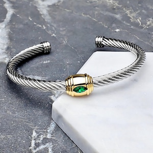 Men&#39;s EMERALD EVIL EYE Bracelet| Men&#39;s Silver Gold Stainless Steel Emerald Evil Eye Gemstone Wire Cuff Bracelet