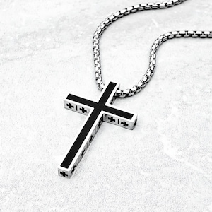 Men&#39;s &quot;DOUBLE CROSS&quot; Necklace| Men&#39;s Silver Black Stainless Steel Cross Pendant Necklace| Men&#39;s Silver Stainless Steel Box Chain Necklace