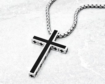 Men's DOUBLE CROSS Necklace | Men's Silver Black Stainless Steel Cross Pendant Box Chain Necklace