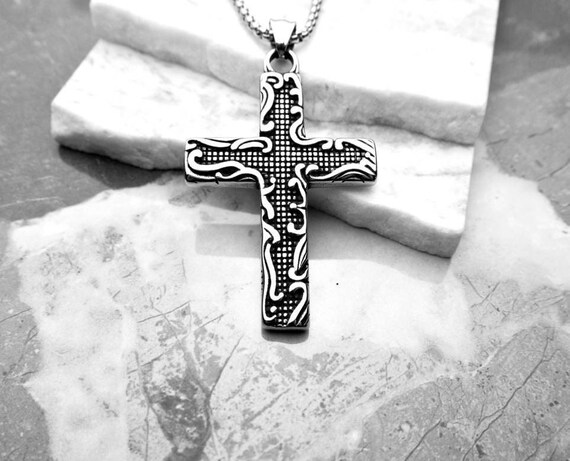 Men s waves Cross Necklace Men s Silver Stainless Steel Waves