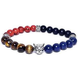 Men&#39;s &quot;EURO TIGER&quot; Bracelet| Men&#39;s Silver Leopard Tiger Bracelet| Men&#39;s Tiger Eye Lapis Lazuli Red Howlite Gemstone Bracelet| Tiger Bracelet