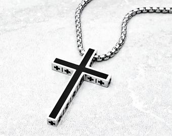 Men's DOUBLE CROSS Necklace | Men's Silver Black Stainless Steel Cross Pendant Box Chain Necklace