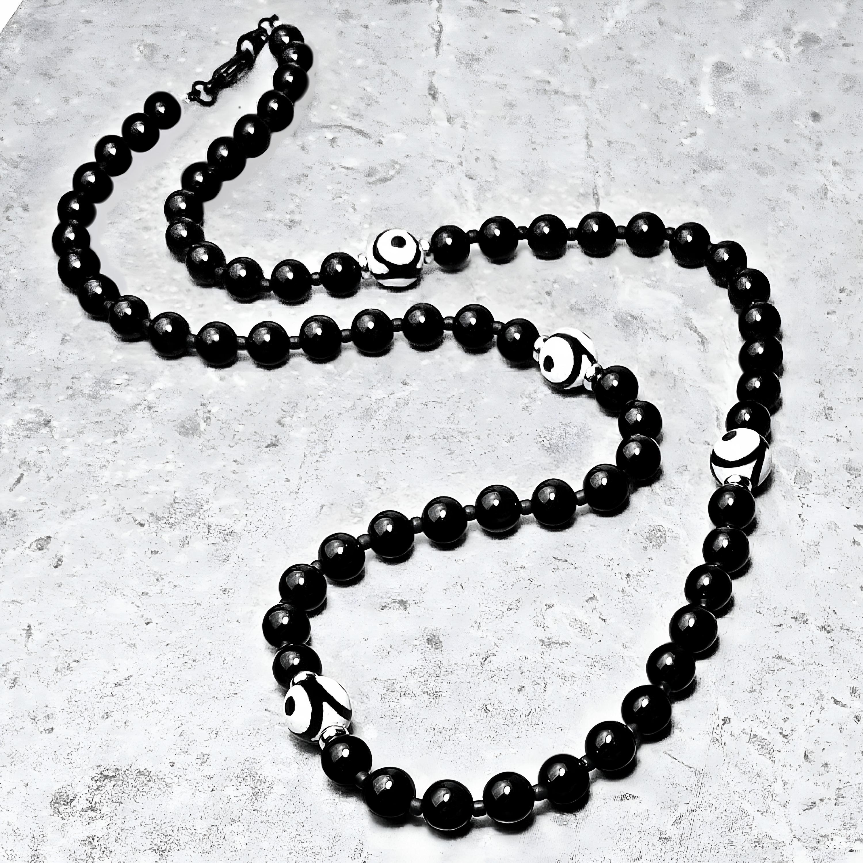 Men's "EVIL EYE ONYX" Necklace| Men's Tibetan Dzi Evil Eye Gemstone Necklace| Men's Black Onyx Black White Evil Eye Gemstone Necklace