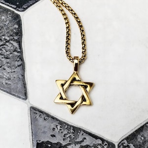 Men&#39;s &quot;RUSTIC STAR of DAVID&quot; Necklace| Men&#39;s Gold Stainless Steel Star of David Pendant Necklace| Mens Stainless Steel Box Chain Necklace