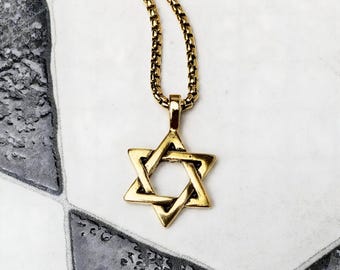 Men&#39;s &quot;RUSTIC STAR of DAVID&quot; Necklace| Men&#39;s Gold Stainless Steel Star of David Pendant Necklace| Mens Stainless Steel Box Chain Necklace