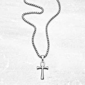 Men's Stainless Steel Ankh Cross Pendant - 80mm Large High Polish Silver - Religious Jewelry With Box 5 thumbnail image