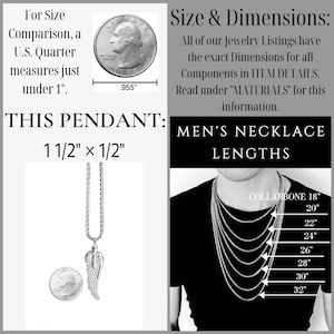 May include: A silver pendant necklace with an angel wing design, measuring approximately 3.8 cm x 1.3 cm. The image includes a U.S. quarter for size comparison and a chart showing men's necklace lengths from 45.7 cm to 81.3 cm.