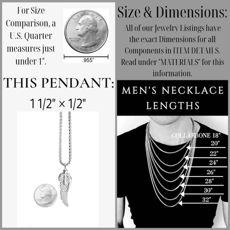 May include: A silver pendant necklace with an angel wing design, measuring approximately 3.8 cm x 1.3 cm. The image includes a U.S. quarter for size comparison and a chart showing men's necklace lengths from 45.7 cm to 81.3 cm.
