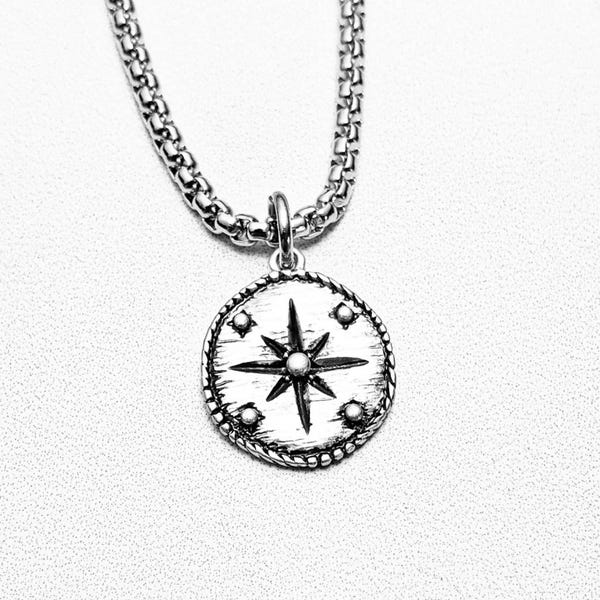 Men's NORTH STAR COIN Necklace | Men's Matte Silver Stainless Steel Northstar Coin Pendant Box Chain Necklace