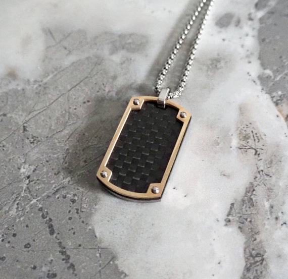 Men's Engravable Stainless Steel Dog Tag Necklace with Carbon Fiber Inlay