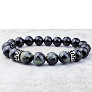 Bracelet homme « KAMBABA GREEK KEY » | Bracelet homme en pierres précieuses onyx noir en jaspe Kambaba | Bracelet homme argent en acier inoxydable avec clé grecque