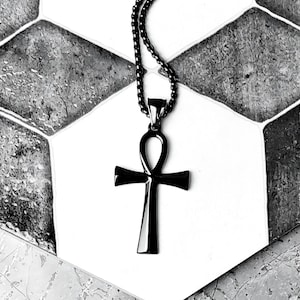 Men&#39;s BLACK SLEEK ANKH Necklace | Men&#39;s Black Stainless Steel Ankh Pendant Box Chain Necklace