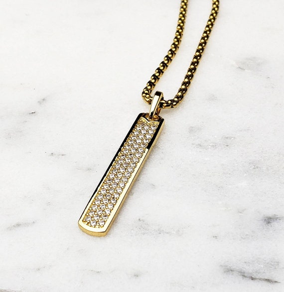 Men s gold BAR Tag Necklace Men s Pave Cubic Zirconia Gold Stainless Steel Bar Tag Pendant Necklace Men s Gold Box Chain Necklace Etsy Canada