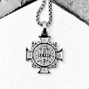 Men&#39;s SAINT BENEDICT CROSS Necklace | Men&#39;s Gold Silver Stainless Steel Saint Benedict Cross Pendant Box Chain Necklace