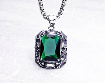 Men's "EMERALD SKULL" Necklace| Men's Silver Stainless Steel Skull Emerald Stone Pendant Necklace| Mens Stainless Steel Box Chain Necklace