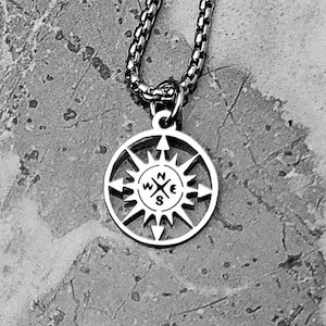 Men&#39;s NORTH STAR COMPASS Necklace | Men&#39;s Silver Stainless Steel North Star Compass Coin Pendant Box Chain Necklace